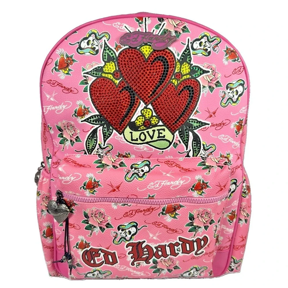 Ed Hardy Pink Multi Backpack NWT Rhinestone Hearts Skull Rose Tattoo Print Bag